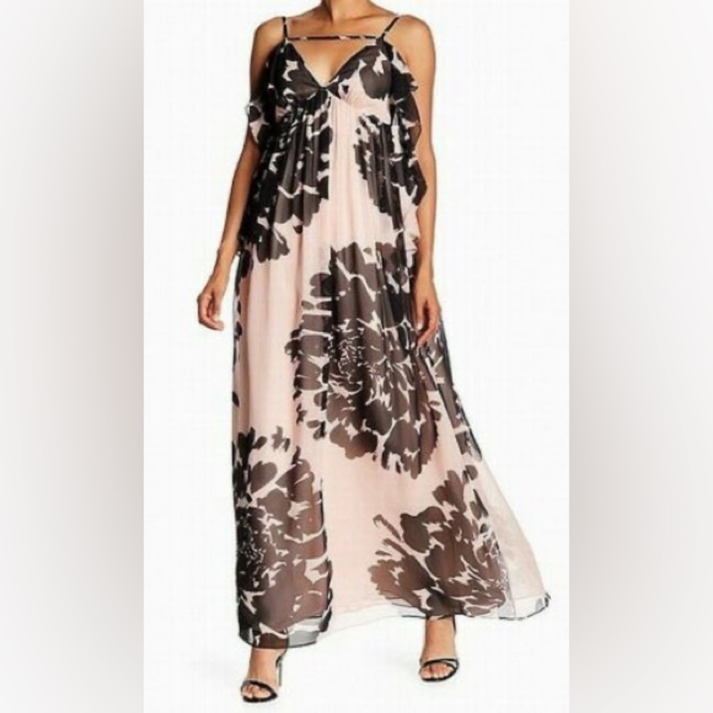 Trina Turk Surplice Sleeveless Silk Floral Maxi Flowy Dress Pink Black 14 NWT